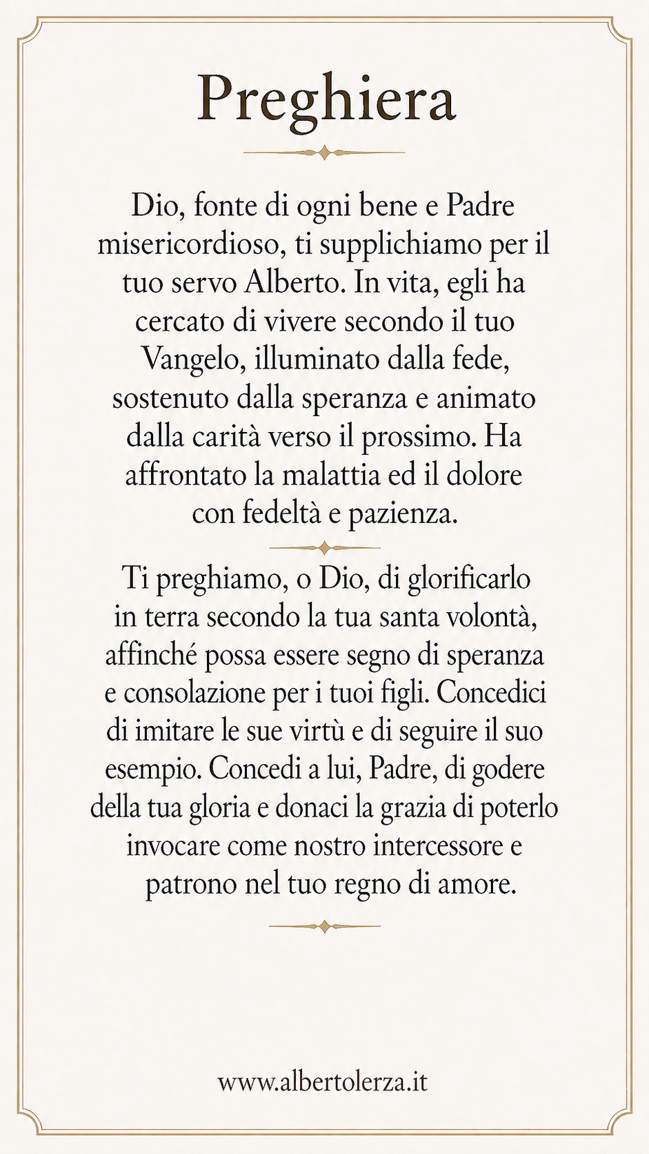 Retro del santino: la preghiera per chiedere l'intercessione di Alberto